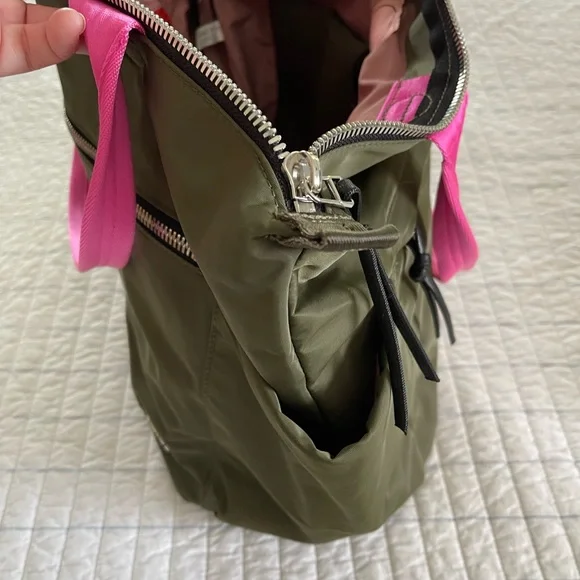 Olive Green Tote Bag with Pink Handles - Picture 2 of 5